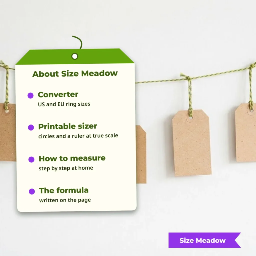 About Size Meadow: a ring size converter, a printable sizer at true scale, a how-to-measure guide and the formula written on the page