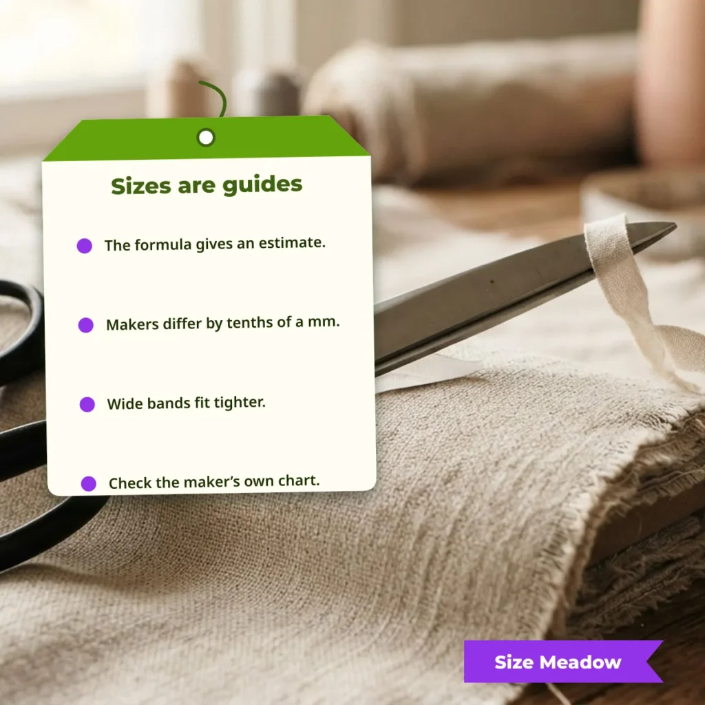 Why sizes are guides: the formula gives an estimate, makers differ by tenths of a millimeter and wide bands fit tighter