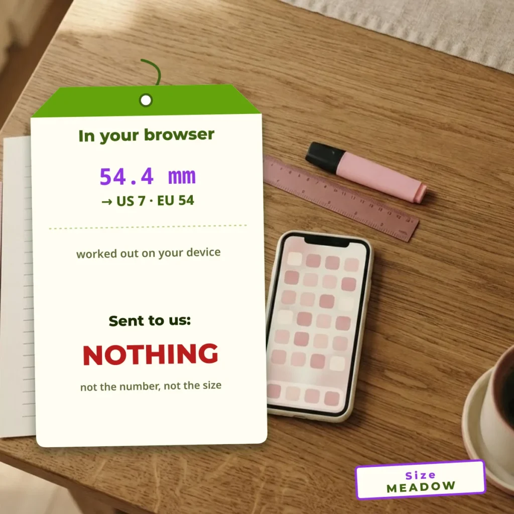 Your measurement of 54.4 mm is turned into US 7 and EU 54 in your browser and nothing is sent to the server