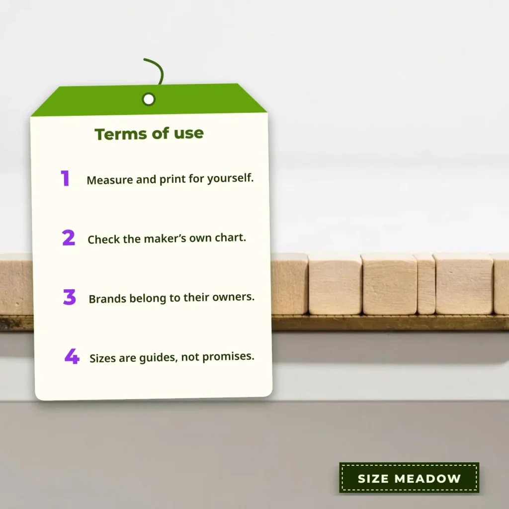 Terms of use in four lines: measure and print for yourself, check the maker's chart, brands belong to their owners, sizes are guides